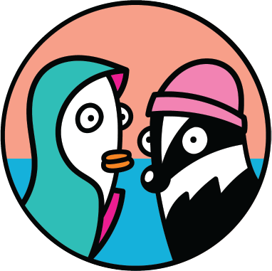 Cartoon Goose & Badger wearing a bobble hat and rain coat